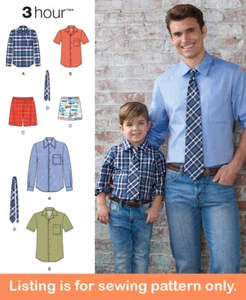 PATTERN CUCITO abbinato padre figlio vestiti uomo ragazzo camicia boxer pantaloncini cravatta 11169 - Foto 1 di 3