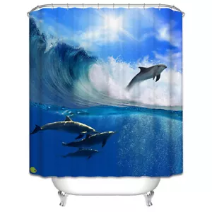 Dolphins Jumping Wave Swimming Shower Curtain Blue Ocean Sea Nautical - Picture 1 of 1