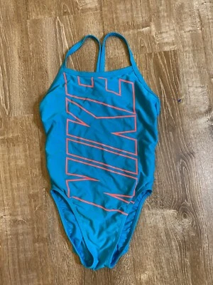 Nike Bathing Suit Women Teal Blue Orange Spell Out Logo Swimsuit one piece M 8? - Image 1 of 4