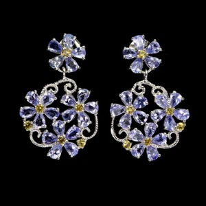 Valentine 925 Silver Earrings Pear Tanzanite Sapphire Natural Gemstone Jewelry - Picture 1 of 13