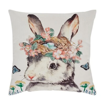 New Spring Easter BIRD NEST BUNNY WITH FLOWERS PILLOW Decorative Accent 18" - Image 1 of 2