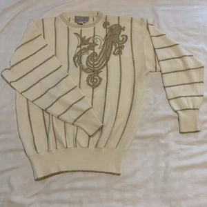 Eclectic Vintage Bead Gold Embellish Knit Sweater Maximalist Preppy Core Retro - Picture 1 of 8