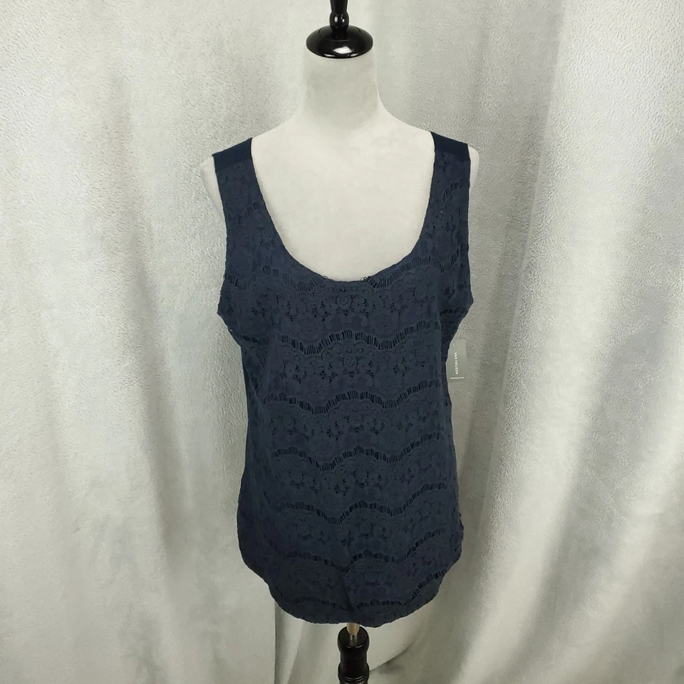 New Womens Tank Top XL Navy Blue Floral Lace Stretchy Top NWT Blouse Van Huesen - Image 1 of 4