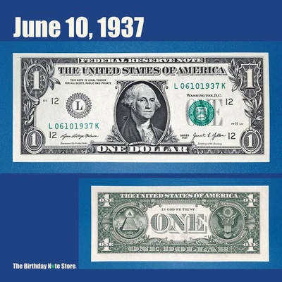 June 10, 1937 Birthday Anniversary $1 One Dollar Bill Serial Number 06101937 - Image 1 of 2