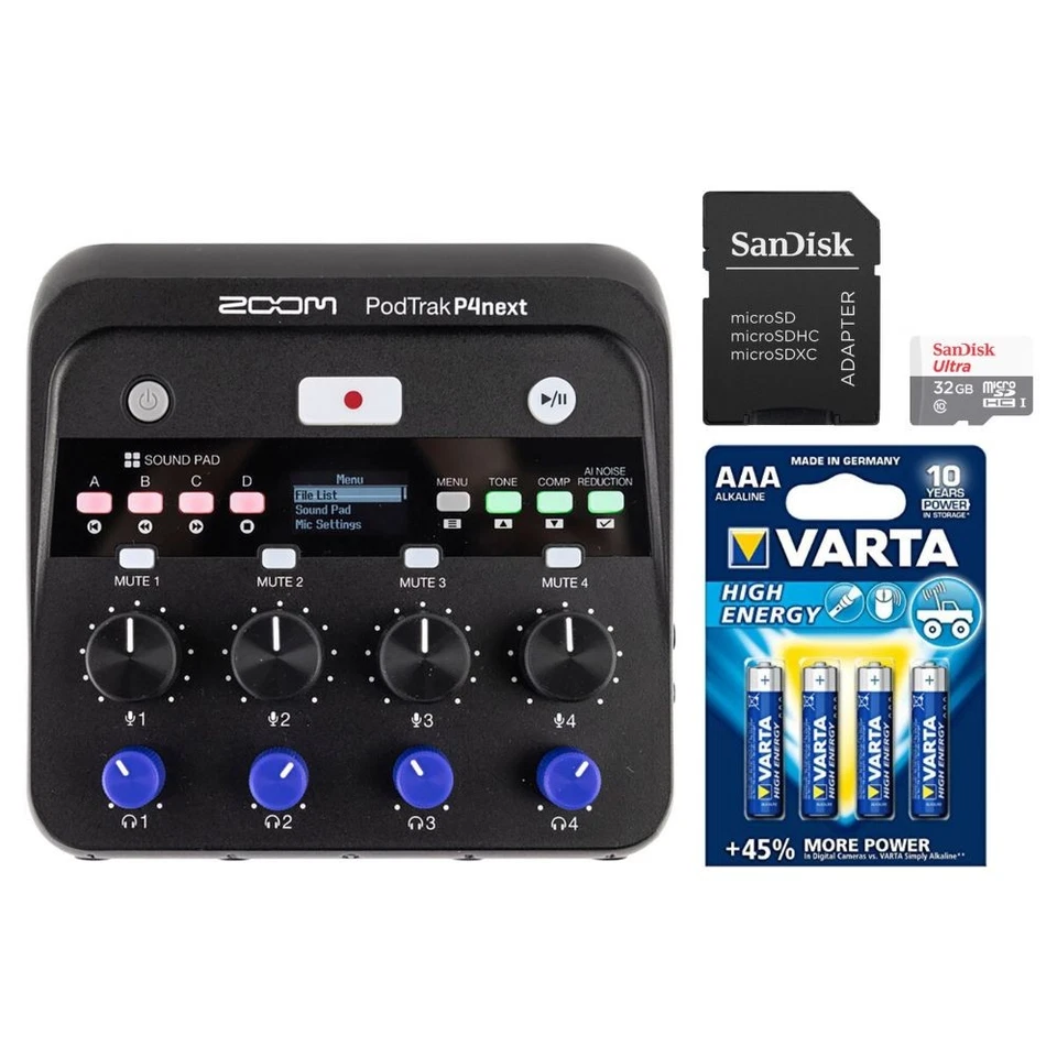 Zoom PodTrak P4 Portable Podcast Recorder Bundle with 32GB Card and AAA Pack - Image 1 of 4