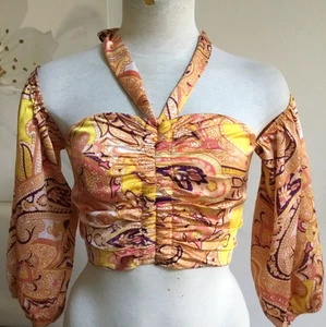 MARCIANO by GUESS Silk Paisley Printed Crop Top Ruched Halter Cold Shoulder  XS - Picture 1 of 9