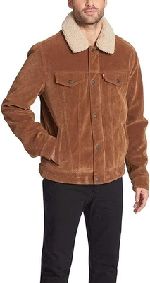 Levi's Men's Leather Sherpa Trucker Jacket, Cognac Faux Suede, SIZE Small - Image 1 of 4