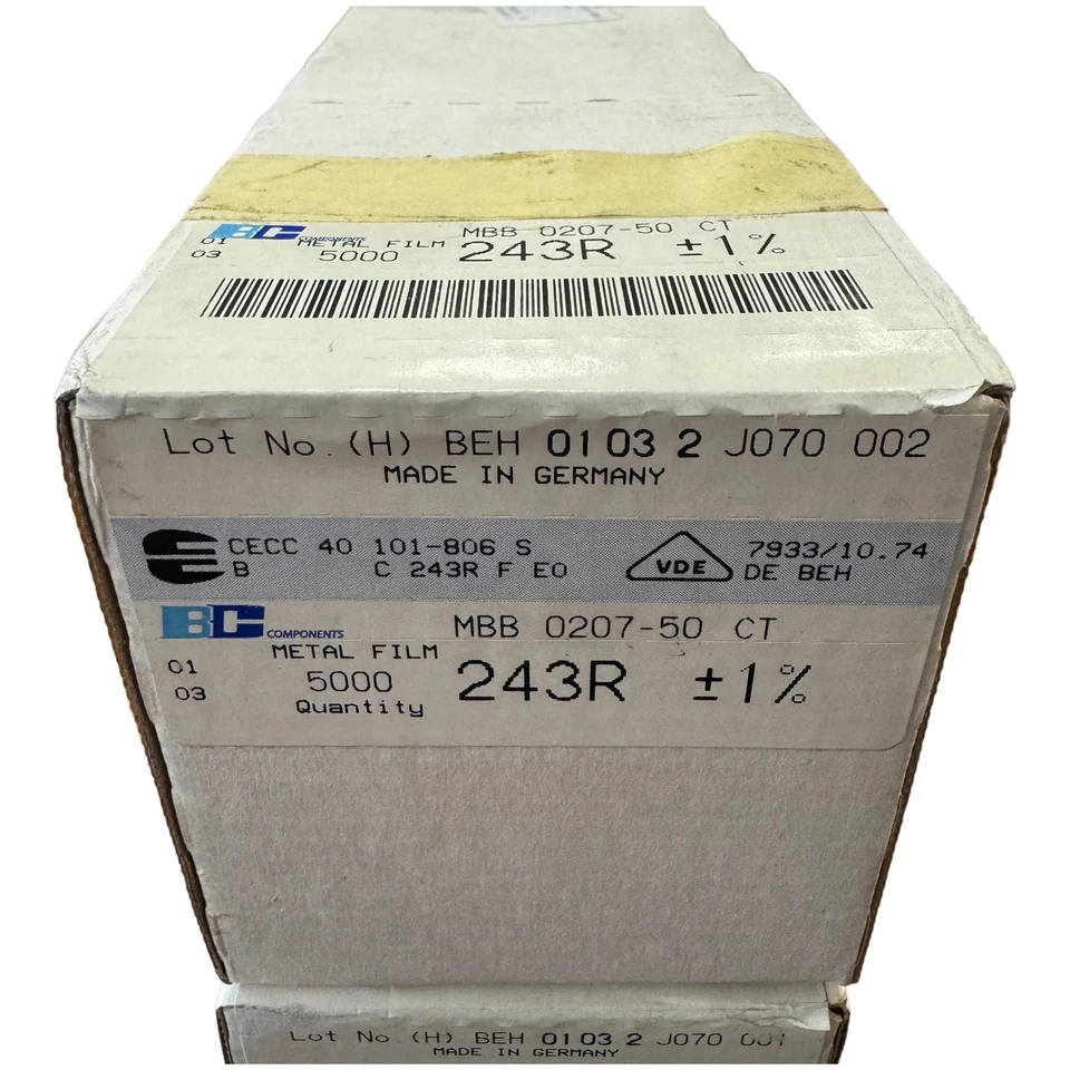 BCcomponents MBB0207-50 Metal Film Resistor 243 ohm 243R 1/2W 1% QTY:5000 5905-0 - Image 1 of 1