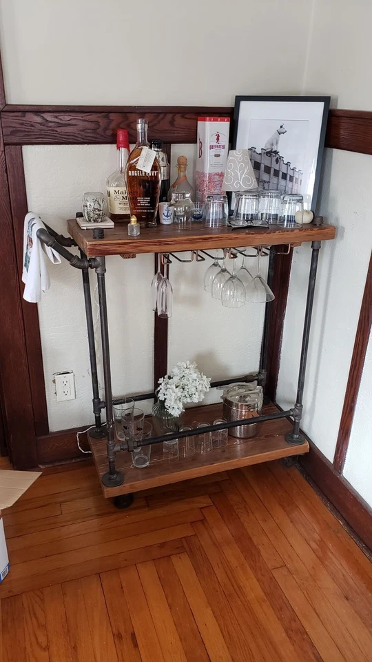 Custom built Bar Cart with wine glass rack and iron pipe handles - Image 1 of 1