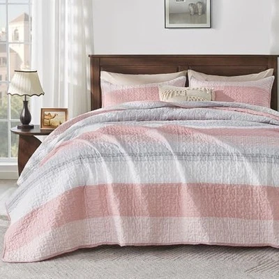  Pink Quilt Queen(90x96Inch), 3 Pieces (1 Striped Queen(96"x90") 13 - Pink - Image 1 of 4