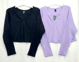 Wild Fable Women's Long Sleeve V-Neck Waffle Boxy T-Shirt 2 Pack Size Large - Picture 1 of 18