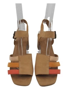 Toms Estella Sandals Shoes 11 Slingback Chunk Heel Tan Pink Orange Leather NWOB - Picture 1 of 7