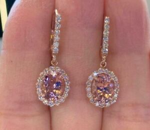 Lab Created Morganite 3Ct Oval Drop Dangle Earrings 14K Rose Gold Silver Plated