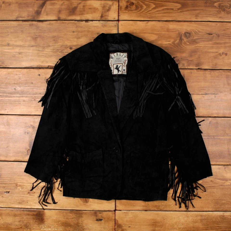 Chaqueta de cuero Winlit vintage S 90s Western flecos blazer negra para mujer Foto 1 de 4