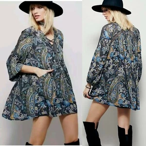Free People Rain or Shine Mini Dress Tunic Bohemian Floral Paisley Print 70s XS - Picture 1 of 12