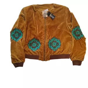 Crazy Train Velvet Bomber Jacket Women's Medium Mustang Moon Beaded Western NEW - Picture 1 of 13