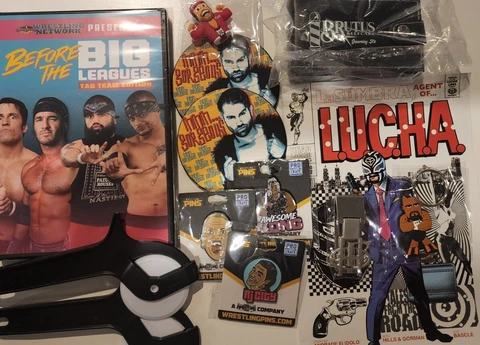 Pro Wrestling Crate Lot DVD Pins Comic Keychain Taz Cardona Hardy Andrade AEW Cover