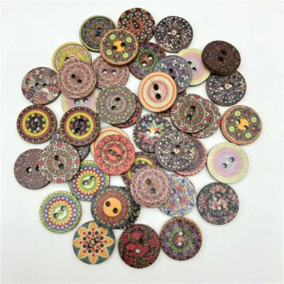 100Pcs Retro Wood Buttons Round Floral Sewing Retro Craft DIY 2 Hole Mixed Color - Image 1 of 4