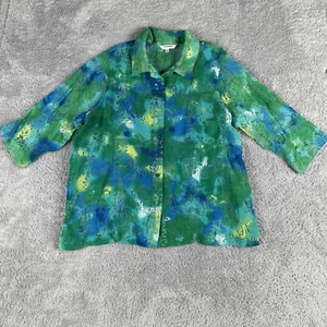 Tantrums Women's Long Sleeve Button Up Top XXL Mesh Cutout Blue Green Burnout - Picture 1 of 15
