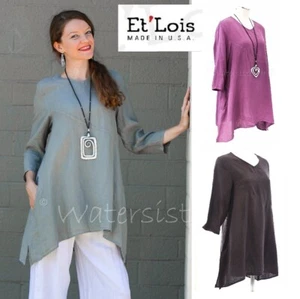 ET'LOIS USA Linen  JULIA TUNIC Long A-line Angled Seam Pocket Top XS S M L XL - Picture 1 of 10