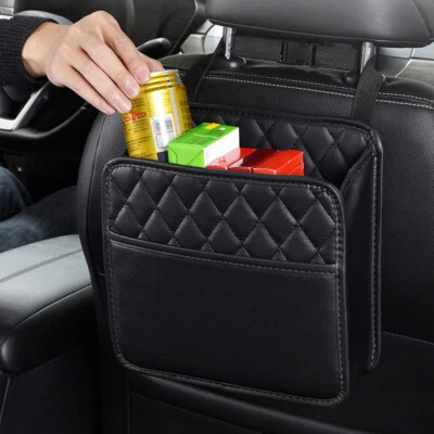 Bolsa de Almacenamiento de Asiento de Coche Negra Cuero PU Negro Bolsillo Colgante Accesorios Universales Foto 1 de 4