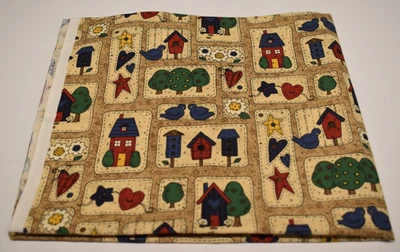COUNTRY BIRDHOUSES 100% cotton fabric 1 YARD cheater quilt rustic folk PATCHWORK - Image 1 of 4