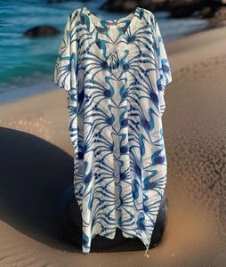 Lotty B Mustique Kaftan Dress Pink House Cotton Blue & White OSFM Resort Wear - Picture 1 of 20