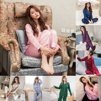 Conjunto de pijama de mujer imitación seda satinado largo de dos piezas ropa de dormir manga traje verano Reino Unido Foto 1 de 4