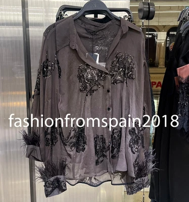 ZARA NEW WOMAN SEMI-SHEER SEQUIN FEATHER BLOUSE FLORAL BROWN XS-XL 8896/820/700 - Image 1 of 2