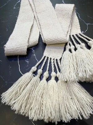 Belt Woven Wool Ivory Handwoven White Viking Tie Sash Long Tassel Trim Boho - Image 1 of 4
