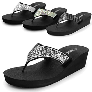 Women Flip Flop Rhinestone Platform Wedge Heel Thong Summer Beach Sandals - Picture 1 of 30