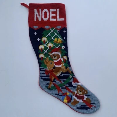 Винтажный рождественский чулок с вышивкой NOEL плюшевый медведь олень красный тканевый носок - Изображение 1 из 4