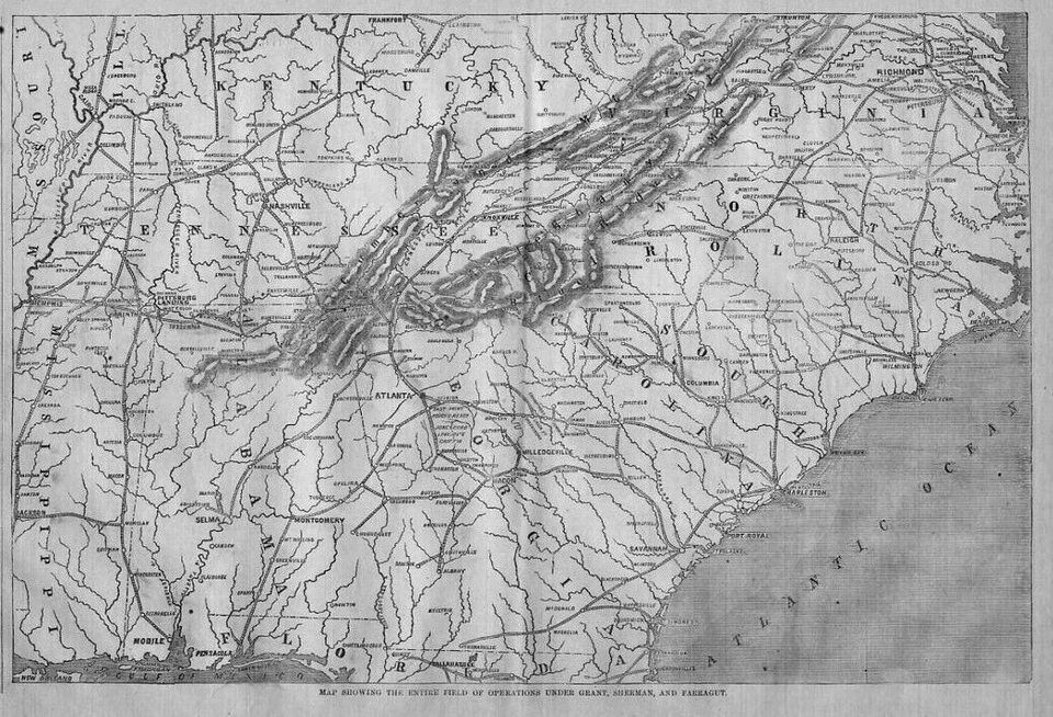 MAPA GUERRA CIVIL CAMPO DE OPERACIÓN SUBVENCIÓN SHERMAN 1864 ARCHIVOS DE HISTORIA Foto 1 de 1