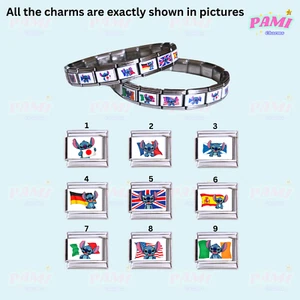 Italian charm Stitch loves to Travel National Flag- fits classic 9mm bracelet - Picture 1 of 24