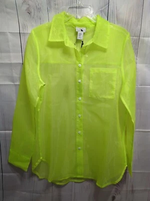 Top Nicole Miller Verde Lima Transparente Botón Nuevo con Etiquetas Manga Larga Talla M Talla Grande (PT14) Foto 1 de 4