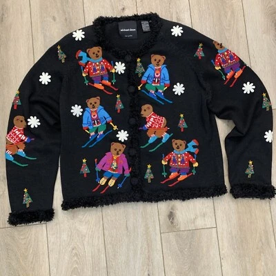 SUÉTER CÁRDIGAN VINTAGE Michael Simon Años 90 Colorido ESQUÍ OSOS ÁRBOLES DE NAVIDAD USADO EN EXCELENTE CONDICIÓN Foto 1 de 4