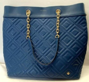 Tory Burch Leather Tote Bag Purse Chain Handle Blue - Picture 1 of 11