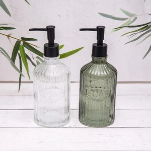 Clear & Green Soap Bottles Ribbed Glass Refillable Dispensers Vintage Black Pump - Picture 1 of 7