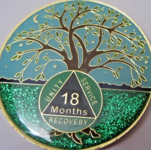 Tree Blue green SPARKLE Alcoholics Anonymous 18 month Medallion Coin Token chip - Picture 1 of 8