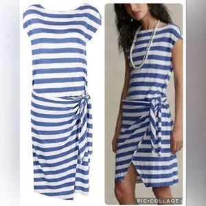 NUOVO abito donna Polo by Ralph Lauren misto lino drappeggiato cravatta laterale a righe taglia XXS - Foto 1 di 12