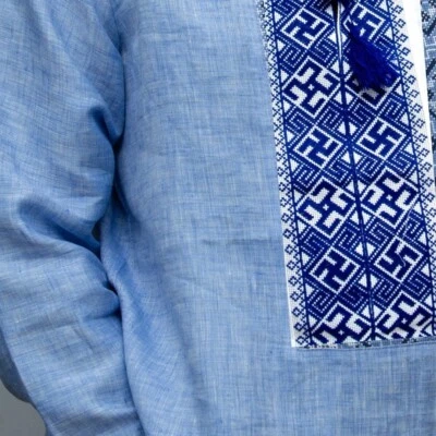 VYSHYVANKA for Men Ukrainian  Embroidery Blue linen SWARGA - Image 1 of 2