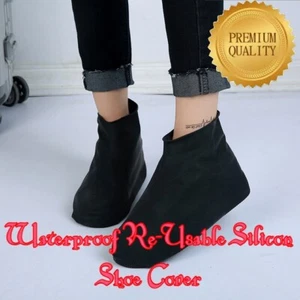 BLACK SILICON WATERPROOF NON-SLIP & RE-USABLE SHOE COVER FOR CYCLING SHOES LARGE - Picture 1 of 8