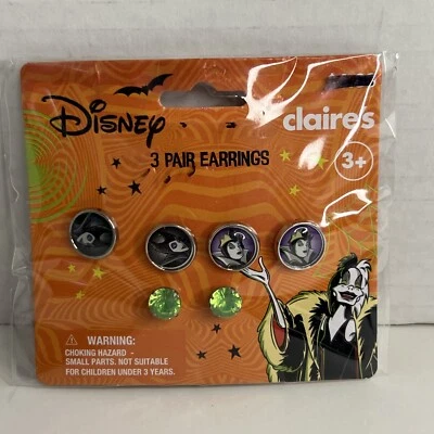 Claire’s Disney Villian Earrings Maleficent & Evil Queen 3 Pairs Stud Post NEW - Image 1 of 4