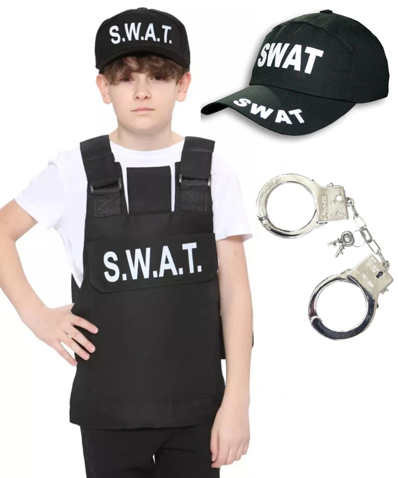 KIDS CHILDREN'S  SWAT TEAM VEST CAP SET POLICE FBI MILITARY STYLE FANCY DRESS - Image 1 of 1