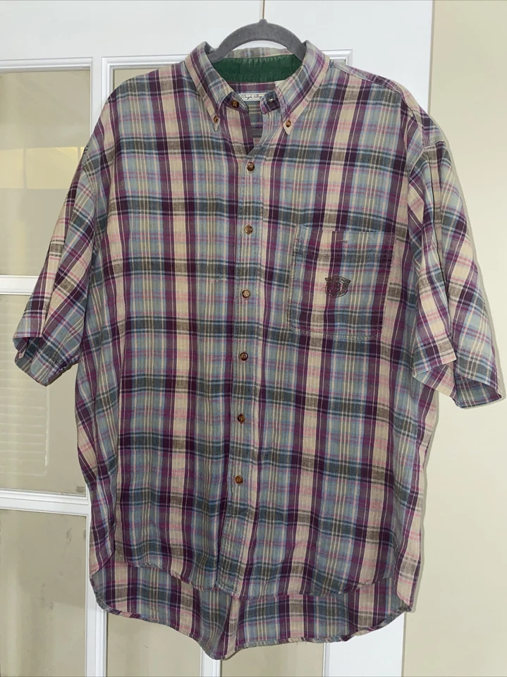 Vintage 90s Bugle Boy Plaid Pink Purple Button Up Shirt Men XL Short Sleeve - Image 1 of 4