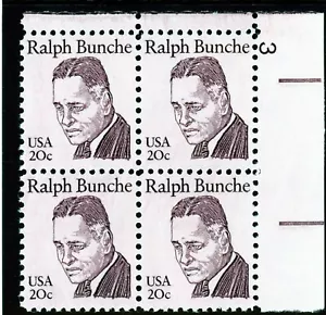 US 1860 Ralph Bunche 20c - UR Plt Blk of 4 -MNH -Plt #3 - $6 Durland Value - Picture 1 of 1