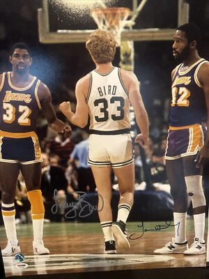 Larry Bird & James Worthy Signed Celtics & Lakers Action 16x20 PSA/DNA BIRD Holo - Image 1 of 4