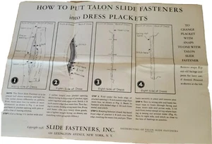 How To Put Talon Slide Fasteners Into Dress Plackets 1930’s Instruction Poster - Picture 1 of 6