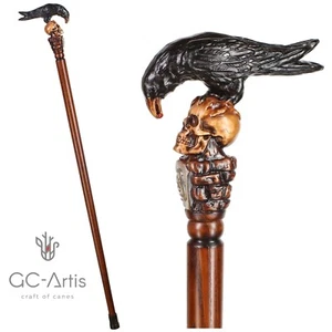 Black Crow & Skull Wooden Walking Cane Stick Lápida de estilo gótico - Imagen 1 de 17