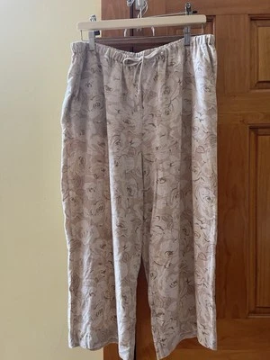 Kate Hill 休闲 XL 亚麻裁剪裤子米色花卉弹性腰二手状况完好 — 第 1/4 张图片